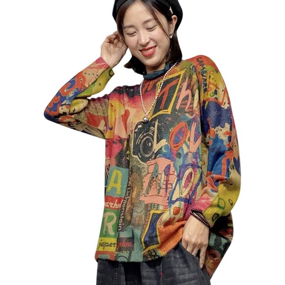 Sweaters - Women Christmas Sweater Graphic Print Oversized Pullover Picture 102 Loose Top